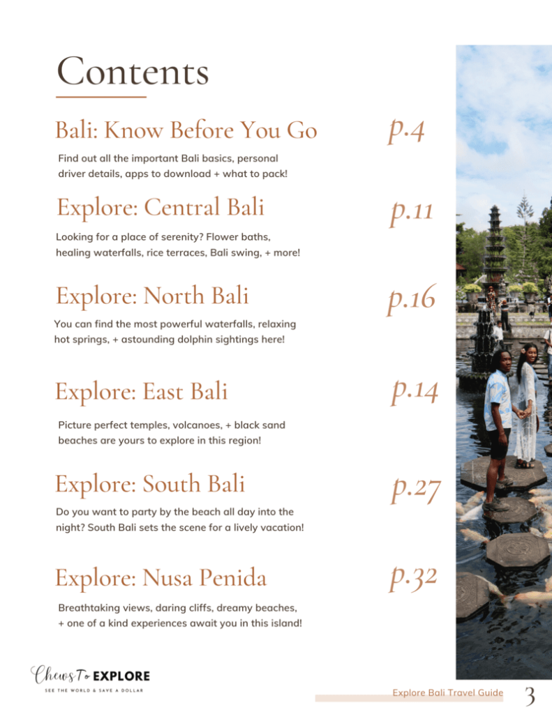 Bali travel guide table of contents