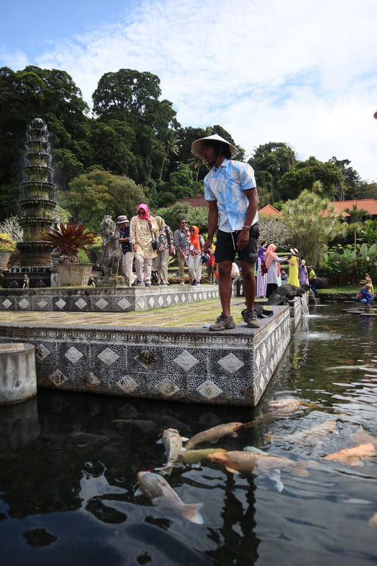 black male in blue and white shirt, black shorts, sneakers, and traditional hat walking around tirta gangga water palace in bali with large coi fish swimming beneath him