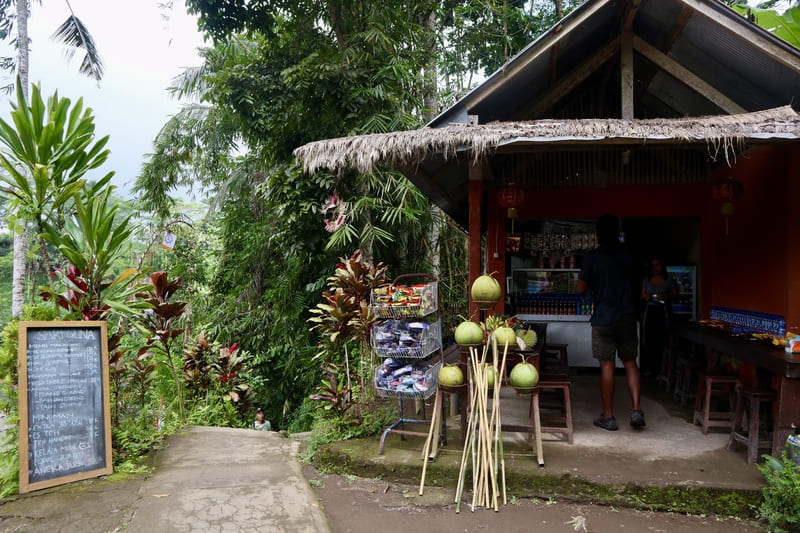 small hut along the path of tukad cepung where black traveler is purchasing a snack along his hike. there are green cocounts and bags of snacks on display.