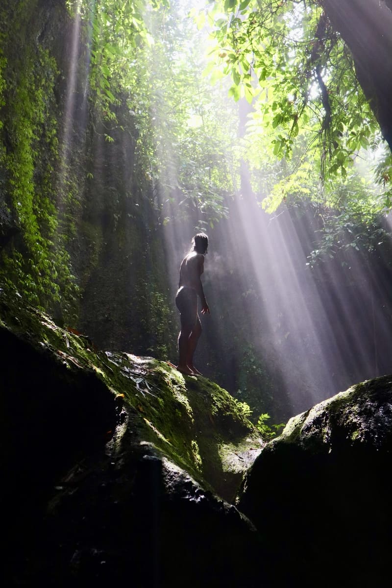 black traveler standing on top of the large rock covered in green moss just before he reaches tukad cepung waterfall. the sun rays are shining through the canyon and glistening over him, also highlighting the surrounding greenery.